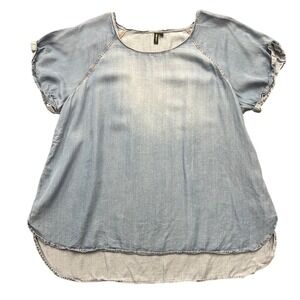 Want and Need Light Blue Tencel Denim Look Short Sleeve High Low Top 11PA26947